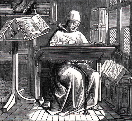 Монах скриптория за работой. Иллюстрация из книги: William Blades, Pentateuch of Printing with a Chapter on Judges. 1891.